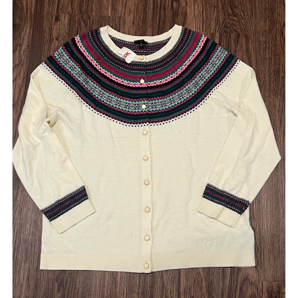 Talbots Plus Ivory Fair Isle Cotton Cashmere Blend Cardigan Sweater 1X
